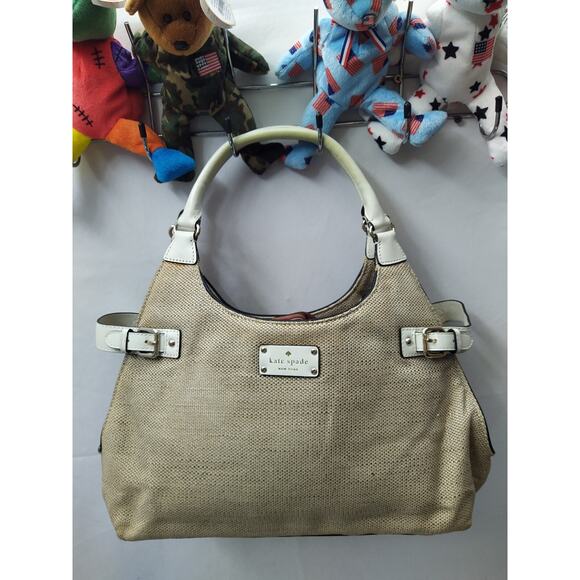 kate spade new york Liv Canvas Convertible Shoulder Bag  Kate Spade New York Beige Canvas Leather Trim Double Handles Shoulder Bag